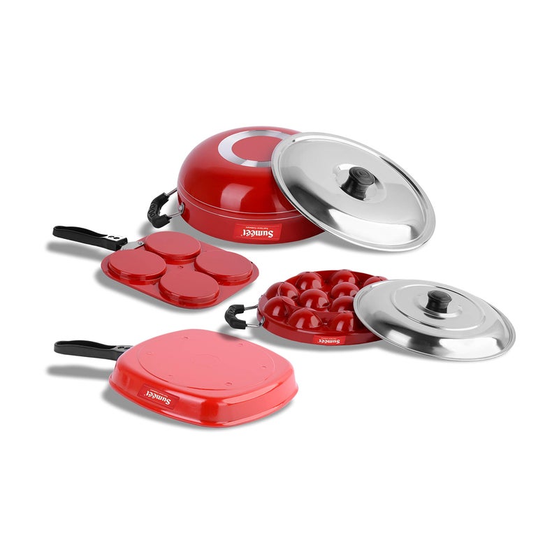 Sumeet 2.6mm Thick Non-Stick Hiri Cookware set (Mini Multi Snack Maker - 19.5cm + Kadhai with Lid - 220cm Dia + Grill Appam Patra with Lid - 23cm Dia + Grill Pan - 1.1Ltr Capacity-22cm-Dia - Image 3