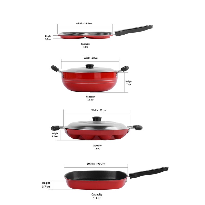 Sumeet 2.6mm Thick Non-Stick Hiri Cookware set (Mini Multi Snack Maker - 19.5cm + Kadhai with Lid - 220cm Dia + Grill Appam Patra with Lid - 23cm Dia + Grill Pan - 1.1Ltr Capacity-22cm-Dia - Image 4