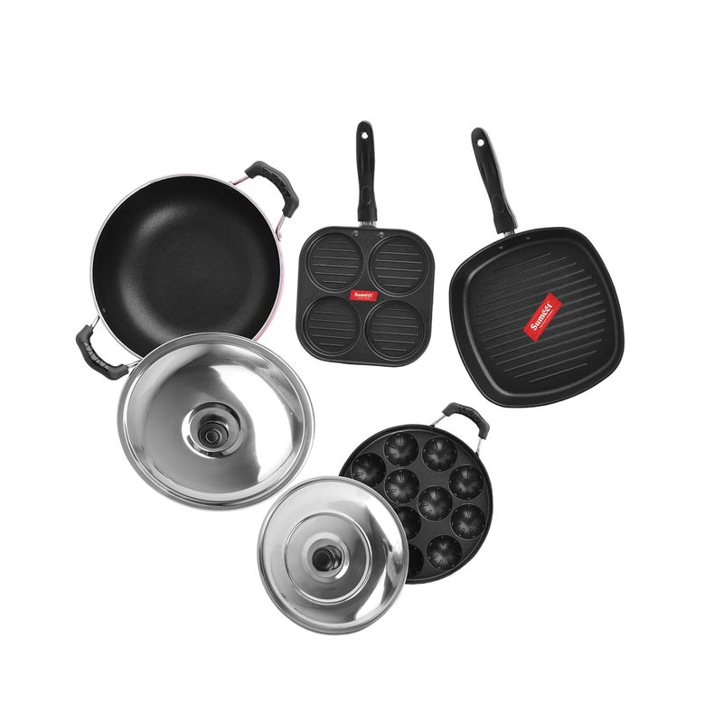 Sumeet 2.6mm Thick Non-Stick Hiri Cookware set (Mini Multi Snack Maker - 19.5cm + Kadhai with Lid - 220cm Dia + Grill Appam Patra with Lid - 23cm Dia + Grill Pan - 1.1Ltr Capacity-22cm-Dia - Image 5