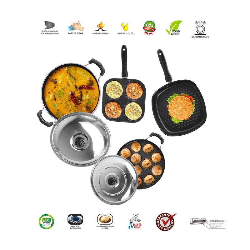Sumeet 2.6mm Thick Non-Stick Hiri Cookware set (Mini Multi Snack Maker - 19.5cm + Kadhai with Lid - 220cm Dia + Grill Appam Patra with Lid - 23cm Dia + Grill Pan - 1.1Ltr Capacity-22cm-Dia - Image 2