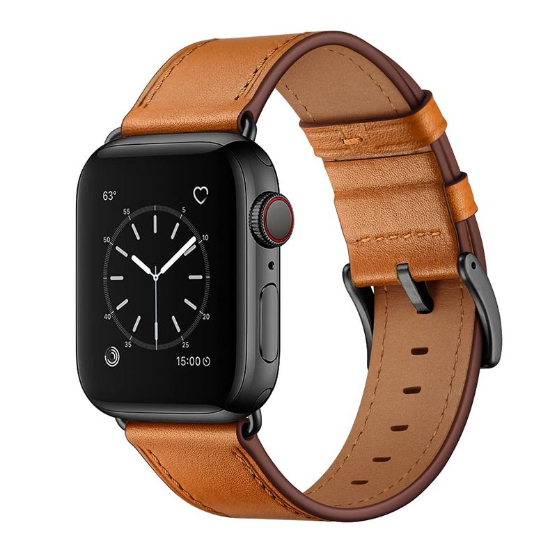 OUHENG Leather Bands Compatible with Apple Watch Band 49mm/46mm/45mm/44mm/42mm, Genuine Leather Replacement Strap for iWatch Series 11/10/9/8/7/6/5/4/3/2/1 & Ultra 3/2/1 & SE3 SE2 SE, Brown/Black - Image 1