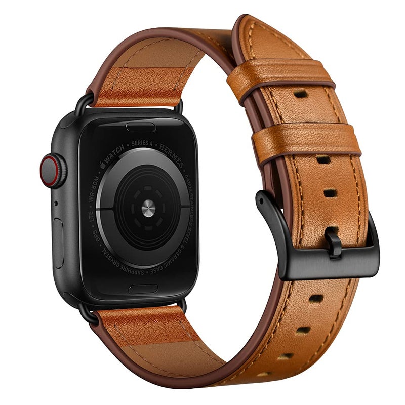 OUHENG Leather Bands Compatible with Apple Watch Band 49mm/46mm/45mm/44mm/42mm, Genuine Leather Replacement Strap for iWatch Series 11/10/9/8/7/6/5/4/3/2/1 & Ultra 3/2/1 & SE3 SE2 SE, Brown/Black - Image 2
