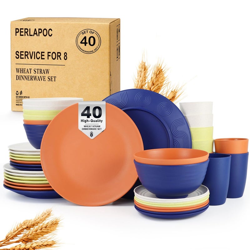 Perlapoc Wheat Straw Dinnerware Sets 40 PCS - Dishes Set for 8 Unbreakable Plates and Bowls Sets with Cups Dishwasher & Microwave Safe Lightweight Dinnerware for Kitchen Camping RV - Mondrian Colors - Image 1