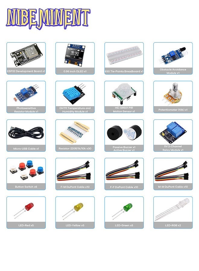 نيبمينينت مجموعة بداية لوحة ESP32، لوحة تطوير ESP32 بتقنية الواي فاي والبلوتوث مع شاشة OLED مقاس 0.96 بوصة، ولوح خبز بـ 830 نقطة، ومستشعرات ووحدات مرحل ومصابيح LED وأسلاك توصيل، مجموعة تعلم إلكتروني إنترنت الأشياء STEM للمبتدئين والمصممين المبدعين - Image 2