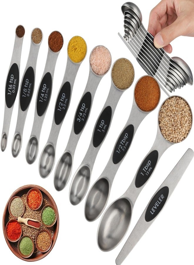 CHAMTILE Magnetic Measuring Spoons Set of 9 Stainless Steel Dual Sided Stackable Teaspoon Tablespoon Nesting Measuring Spoon for Measuring Dry and Liquid Ingredients Fits in Spice Jar - Image 1
