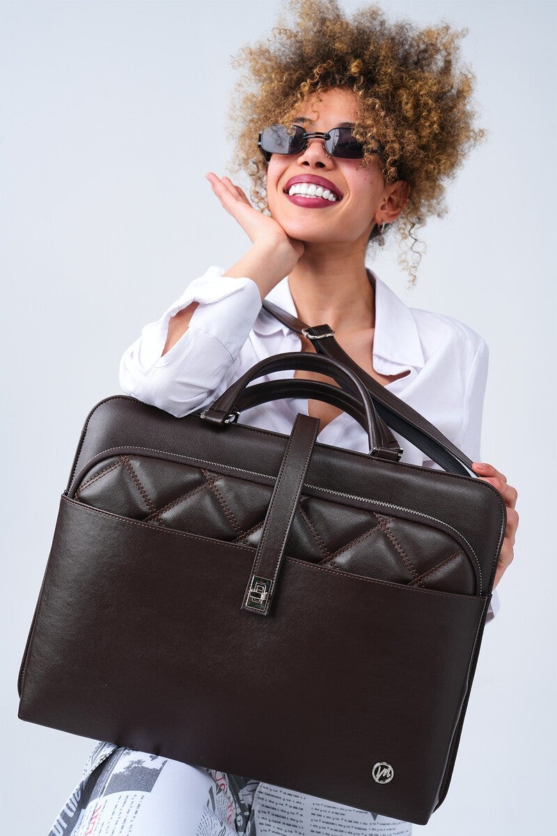 Morca Women's Briefcase Laptop Bag Quilted Brown  - Image 2