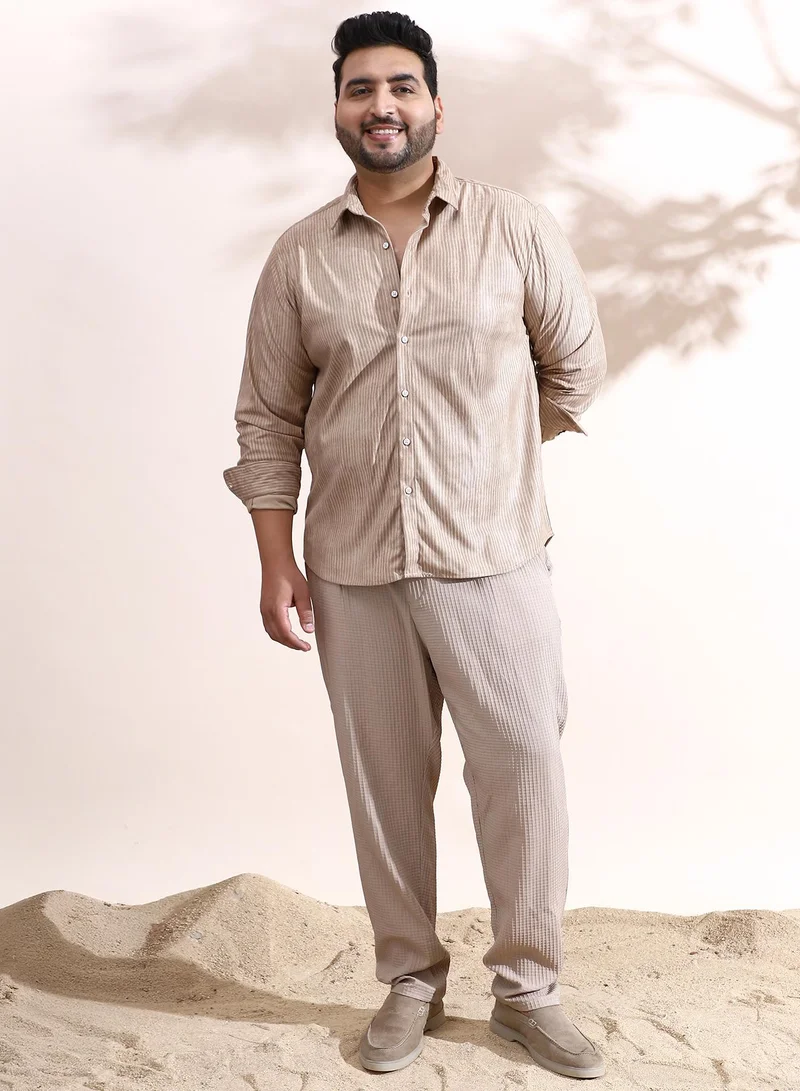 Instafab Plus Instafab Plus Men's Sand Beige Rhythm-Weave Shirt For Casual Wear | Spread Collar | Long Cuffed Sleeves | Button Closure | Plus Size Shirt Crafted With Comfort Fit For Everyday Wear
