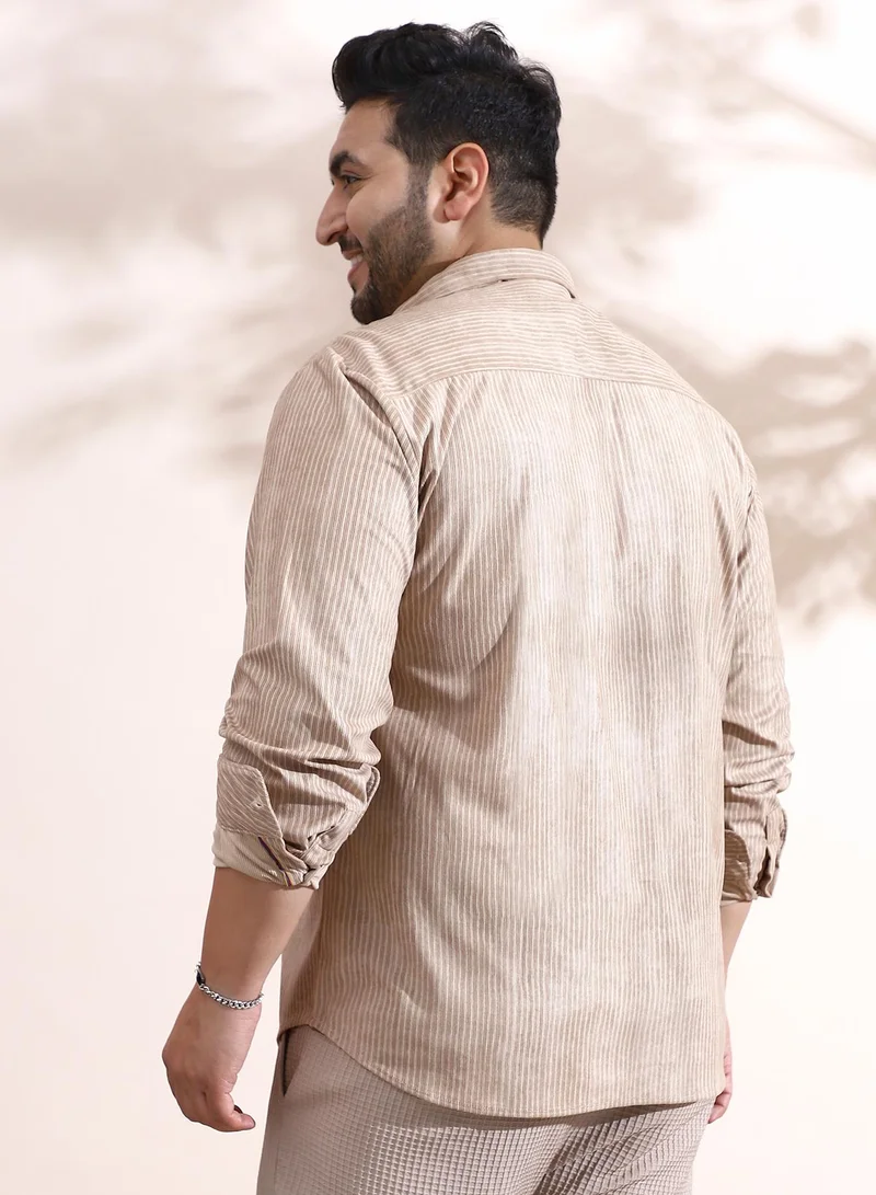 Instafab Plus Instafab Plus Men's Sand Beige Rhythm-Weave Shirt For Casual Wear | Spread Collar | Long Cuffed Sleeves | Button Closure | Plus Size Shirt Crafted With Comfort Fit For Everyday Wear