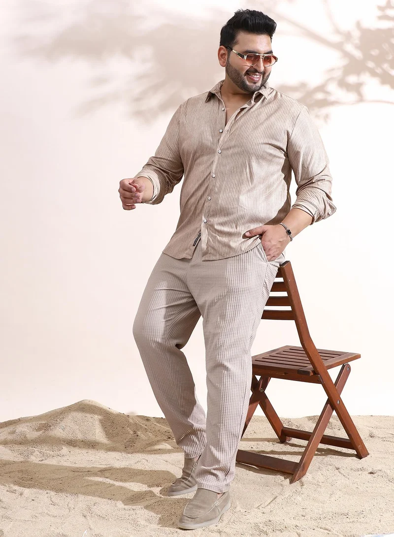 Instafab Plus Instafab Plus Men's Sand Beige Rhythm-Weave Shirt For Casual Wear | Spread Collar | Long Cuffed Sleeves | Button Closure | Plus Size Shirt Crafted With Comfort Fit For Everyday Wear