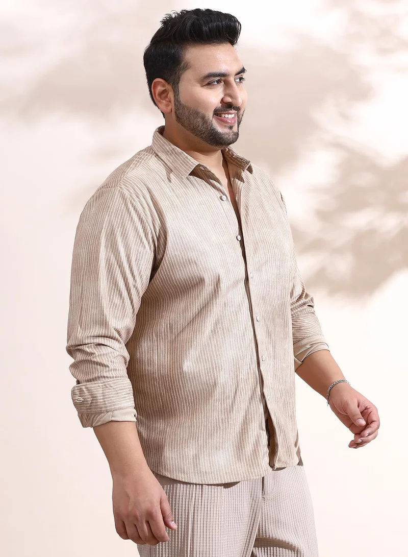 Instafab Plus Instafab Plus Men's Sand Beige Rhythm-Weave Shirt For Casual Wear | Spread Collar | Long Cuffed Sleeves | Button Closure | Plus Size Shirt Crafted With Comfort Fit For Everyday Wear