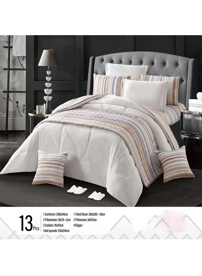 ATM 13-Piece Bedding Set - Complete Luxury Comforter Set with Fitted Sheet,Cushions and Slippers - Beige 