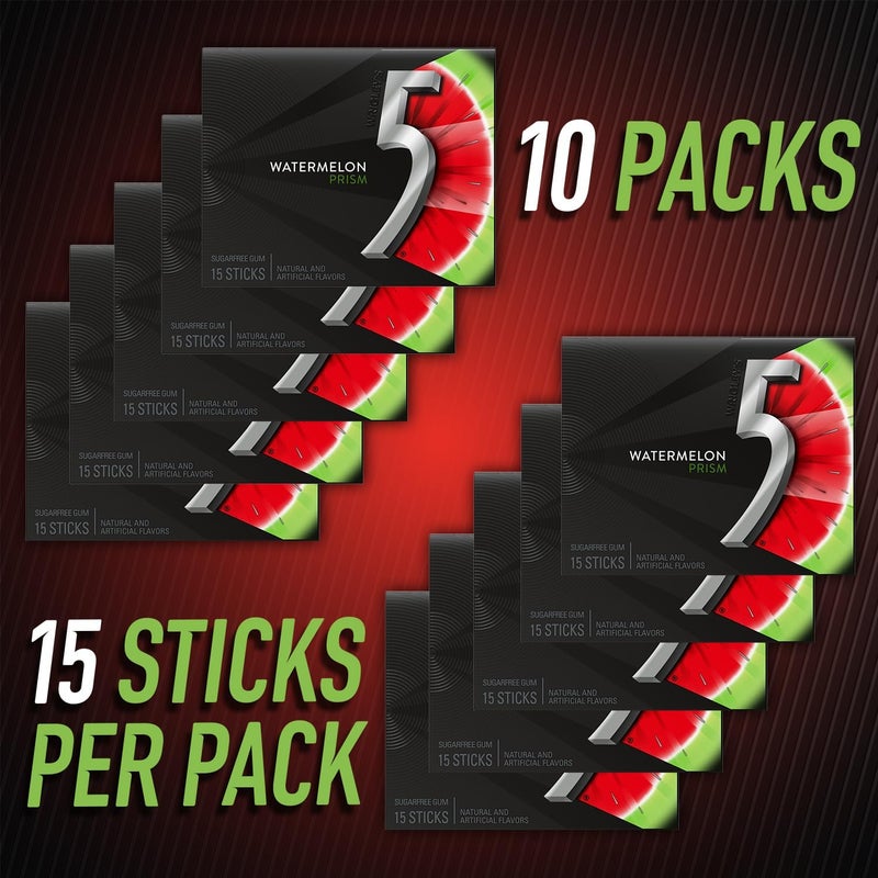 5 Gum Watermelon Prism Sugarfree Gum - 10 Packs with 150 Sticks Total - Image 4