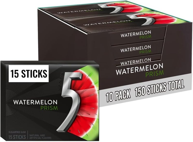 5 Gum Watermelon Prism Sugarfree Gum - 10 Packs with 150 Sticks Total - Image 1