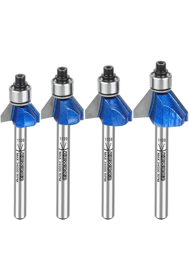 KOWOOD Plus 45 Degree Chamfer Router Bit Set, 1/4 Inch Shank, Cutting Diameter in 1/4”, 5/16”, 3/8”, 1/2”.KOWOOD C3 Carbide. Ideal for Angled Edges, Clean Edge or Decorative Pieces - Image 1