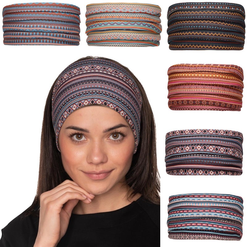 Cobahom 6 Pcs Wide Headbands for Women Non Slip Soft Fabric Hair Wrap Boho Head Bands Elastic Sport Hair Bands for Workout Yoga Running (Boho Stripe) - Image 1