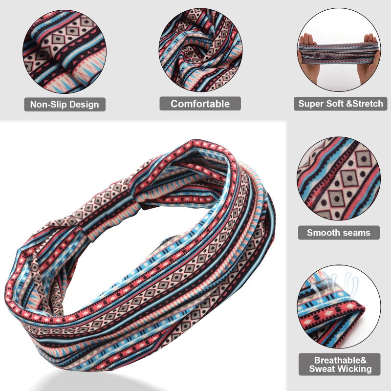 Cobahom 6 Pcs Wide Headbands for Women Non Slip Soft Fabric Hair Wrap Boho Head Bands Elastic Sport Hair Bands for Workout Yoga Running (Boho Stripe) - Image 4