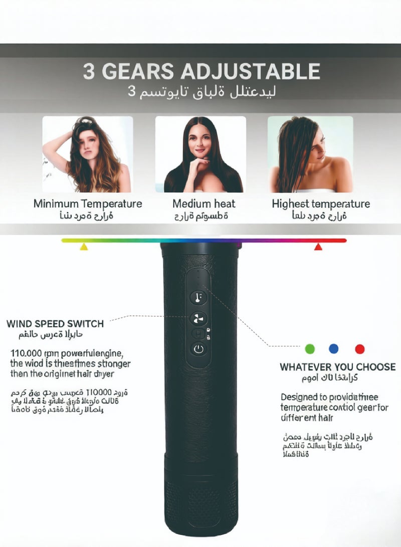 ZONBON 7-in-1 Hair Dryer Brush and Styling Tool Set, Hair Streightening Brushes, Hot Air Curler, for Drying, Combing, Curling, and Straightening Hair, 1400W, 110,000 RPM Air Curler Suitable for Ion-Enhanced Hair Dryer with three Temperature Levels and Cold Air Salon-Quality Styling Black Gift box - Image 4