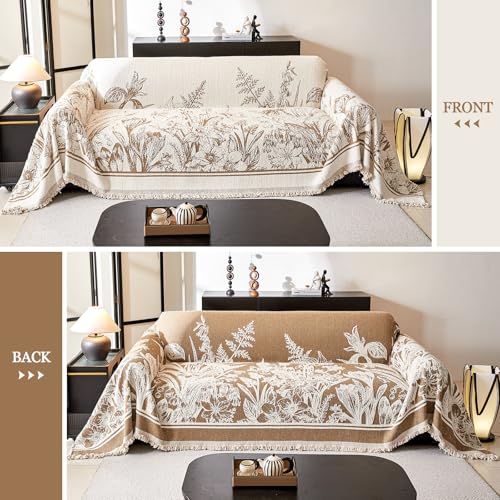 DREAMINGO Floral Sofa Cover for 3 Cushion Couch Thick Plush Furniture Cover 71x134 Inch Vintage Jacquard Tassel Sofa Slipcover for Living Room Farmhouse Sectional Couch Protector Washable, Khaki - Image 2