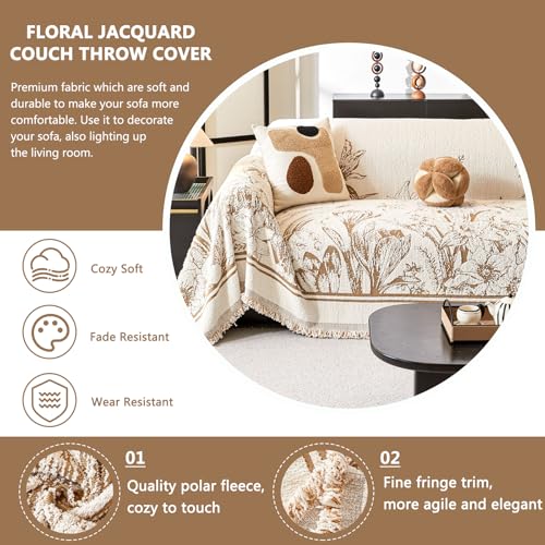 DREAMINGO Floral Sofa Cover for 3 Cushion Couch Thick Plush Furniture Cover 71x134 Inch Vintage Jacquard Tassel Sofa Slipcover for Living Room Farmhouse Sectional Couch Protector Washable, Khaki - Image 4