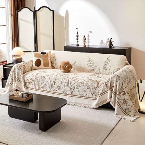 DREAMINGO Floral Sofa Cover for 3 Cushion Couch Thick Plush Furniture Cover 71x134 Inch Vintage Jacquard Tassel Sofa Slipcover for Living Room Farmhouse Sectional Couch Protector Washable, Khaki - Image 1