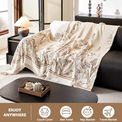 DREAMINGO Floral Sofa Cover for 3 Cushion Couch Thick Plush Furniture Cover 71x134 Inch Vintage Jacquard Tassel Sofa Slipcover for Living Room Farmhouse Sectional Couch Protector Washable, Khaki - Image 3