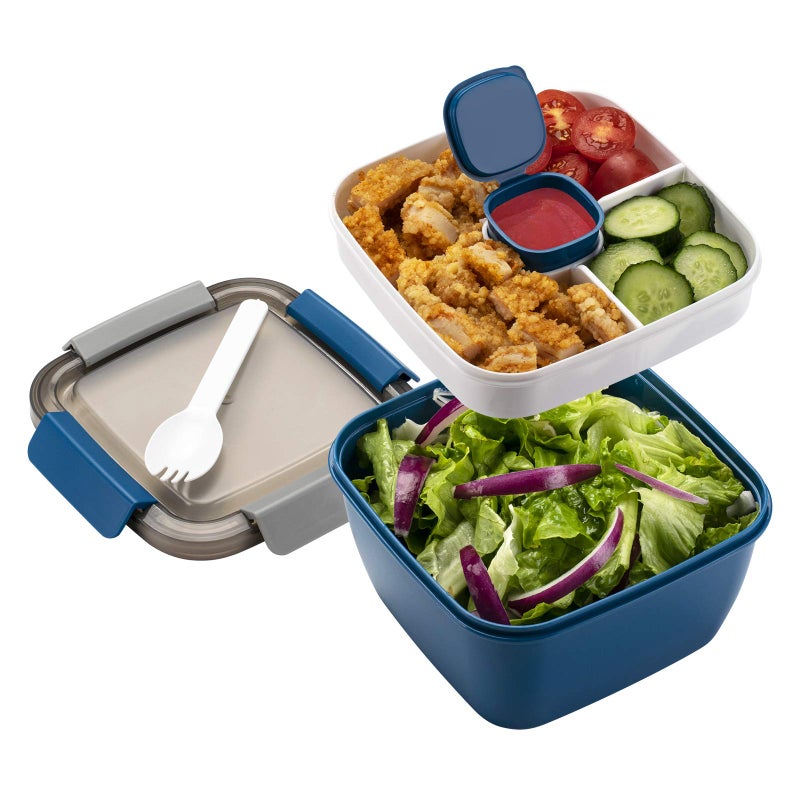 Freshmage Salad Lunch Container To Go, 52-oz Salad Bowls with 3 Compartments, Salad Dressings Container for Salad Toppings, Snacks, Men, Women (Blue) - Image 1