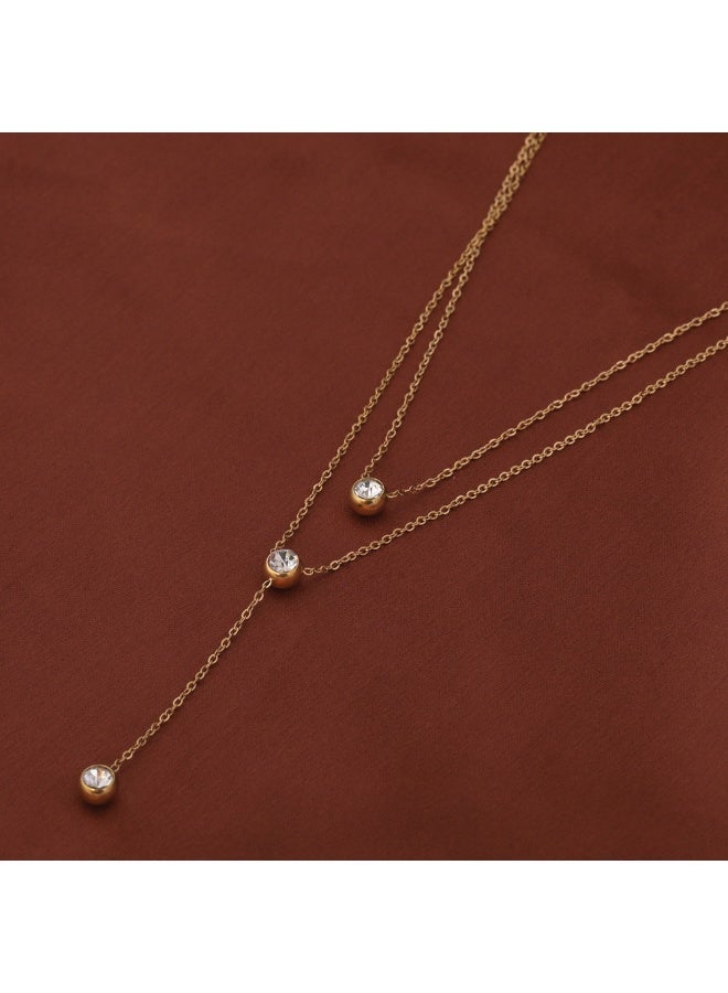 PALMONAS 18k Gold Tone Plated Two Layered Solitaire Drop Necklace
 for Women - Image 3
