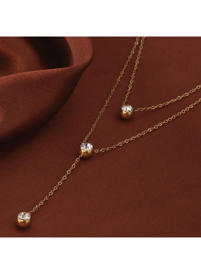 بالموناس PALMONAS 18k Gold Tone Plated Two Layered Solitaire Drop Necklace
 for Women