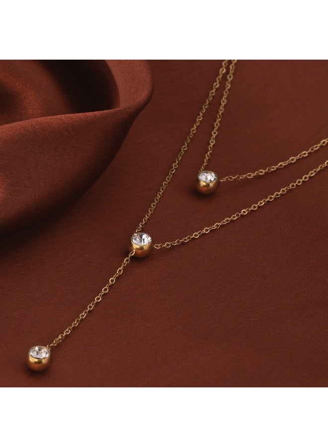 PALMONAS 18k Gold Tone Plated Two Layered Solitaire Drop Necklace
 for Women - Image 2