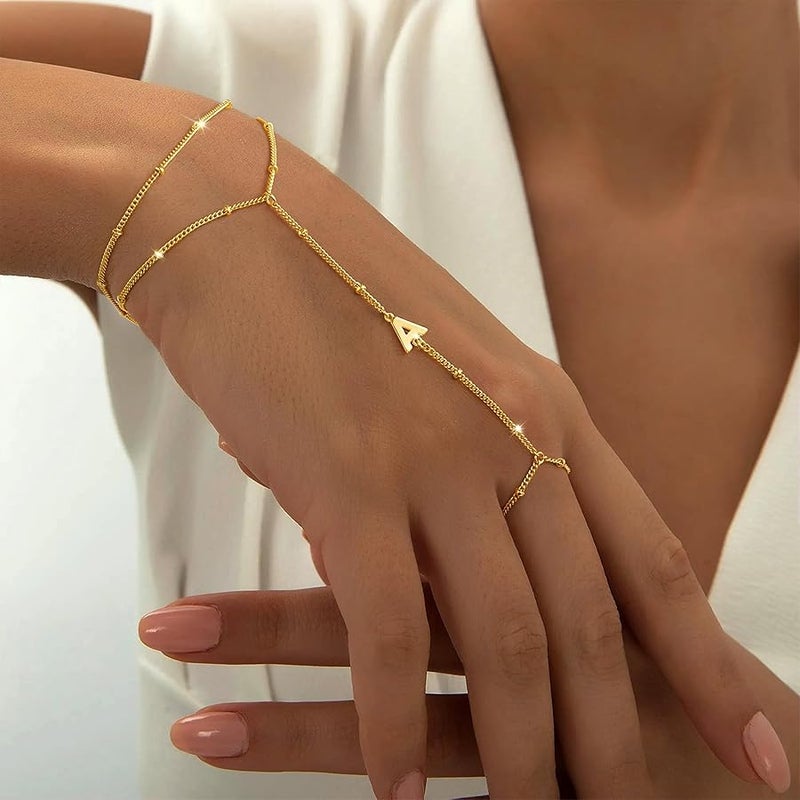 M MOOHAM Initial Hand Chain for Women - Dainty Gold Ring Bracelet Hand Chain for Women Trendy, Letter A-Z Initial Link Charm Bracelets Personalized Gold Jewelry Gifts - Image 2