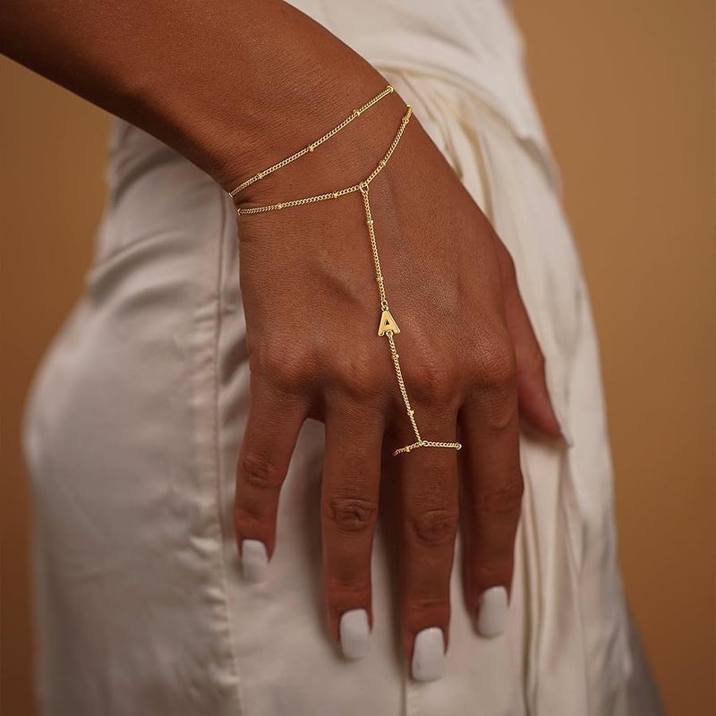 M MOOHAM Initial Hand Chain for Women - Dainty Gold Ring Bracelet Hand Chain for Women Trendy, Letter A-Z Initial Link Charm Bracelets Personalized Gold Jewelry Gifts - Image 4