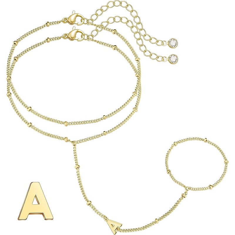 M MOOHAM Initial Hand Chain for Women - Dainty Gold Ring Bracelet Hand Chain for Women Trendy, Letter A-Z Initial Link Charm Bracelets Personalized Gold Jewelry Gifts - Image 1
