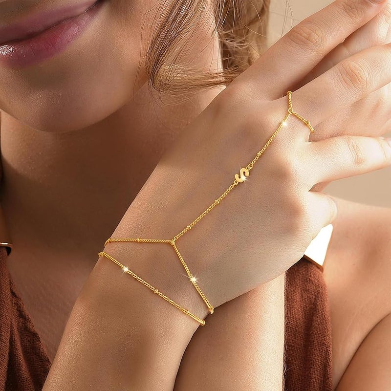 M MOOHAM Initial Hand Chain for Women - Dainty Gold Ring Bracelet Hand Chain for Women Trendy, Letter A-Z Initial Link Charm Bracelets Personalized Gold Jewelry Gifts - Image 3