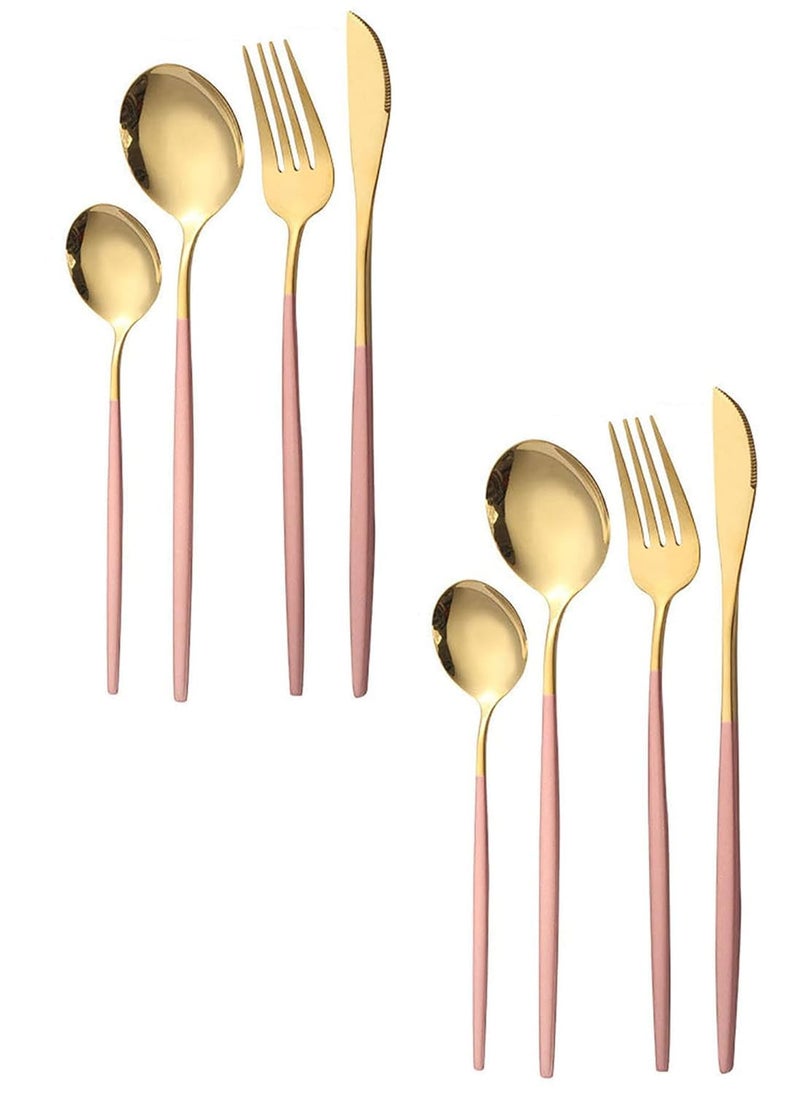 Kolorful Stainless Steel Golden Flatware 304 Cutlery Set Tableware Kitchen Set Dinnerware Spoon Fork Knife Dinner Set KnifeUtensils Set Mirror Finish Dinnerware 8 Pink - Image 1