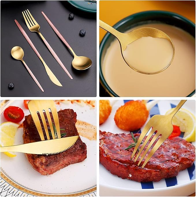 Kolorful Stainless Steel Golden Flatware 304 Cutlery Set Tableware Kitchen Set Dinnerware Spoon Fork Knife Dinner Set KnifeUtensils Set Mirror Finish Dinnerware 8 Pink - Image 4