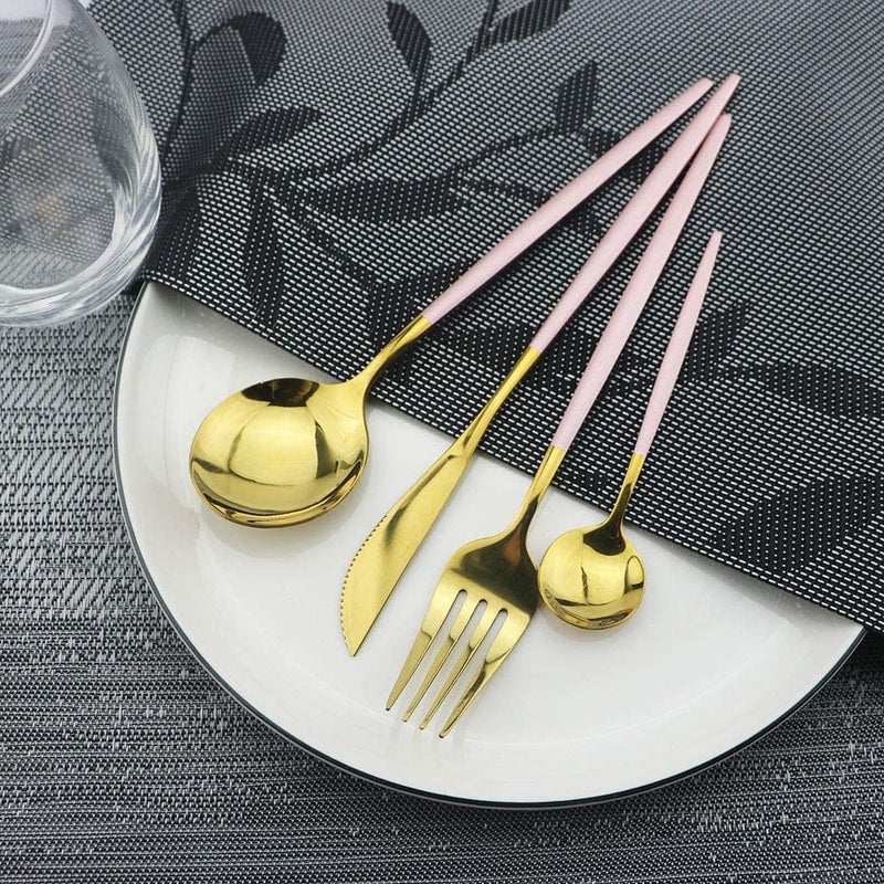 Kolorful Stainless Steel Golden Flatware 304 Cutlery Set Tableware Kitchen Set Dinnerware Spoon Fork Knife Dinner Set KnifeUtensils Set Mirror Finish Dinnerware 8 Pink - Image 5