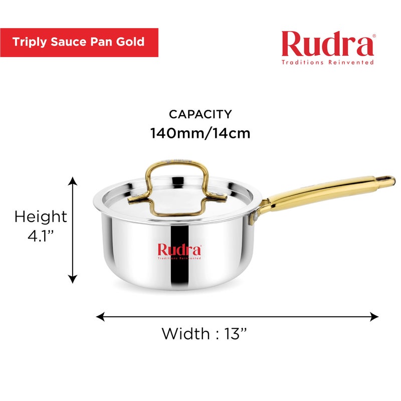 Rudra Triply Stainless Steel Cookware Saucepan Gold with Lid - 2.5mm Thick | Tea, Chai, Milk Pan for Boiling | Induction Base | 5 Years Warranty (14 cm) - Image 2