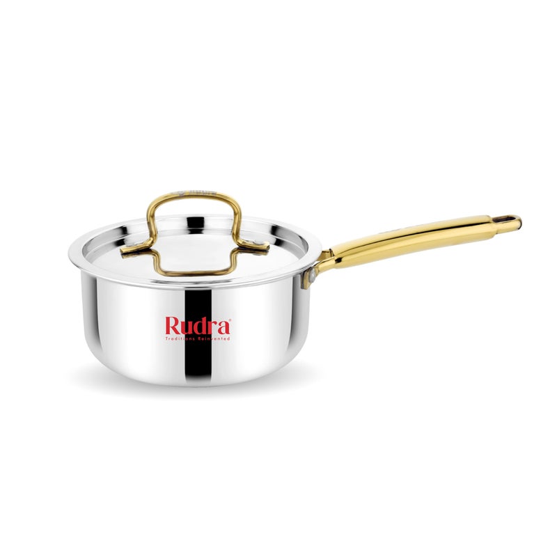 Rudra Triply Stainless Steel Cookware Saucepan Gold with Lid - 2.5mm Thick | Tea, Chai, Milk Pan for Boiling | Induction Base | 5 Years Warranty (14 cm) - Image 1