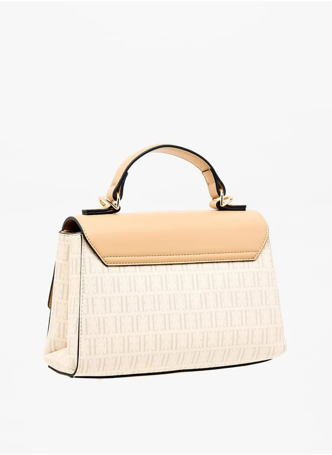 ELLE Women Monogram Print Satchel Bag with Adjustable Strap and Flap Closure