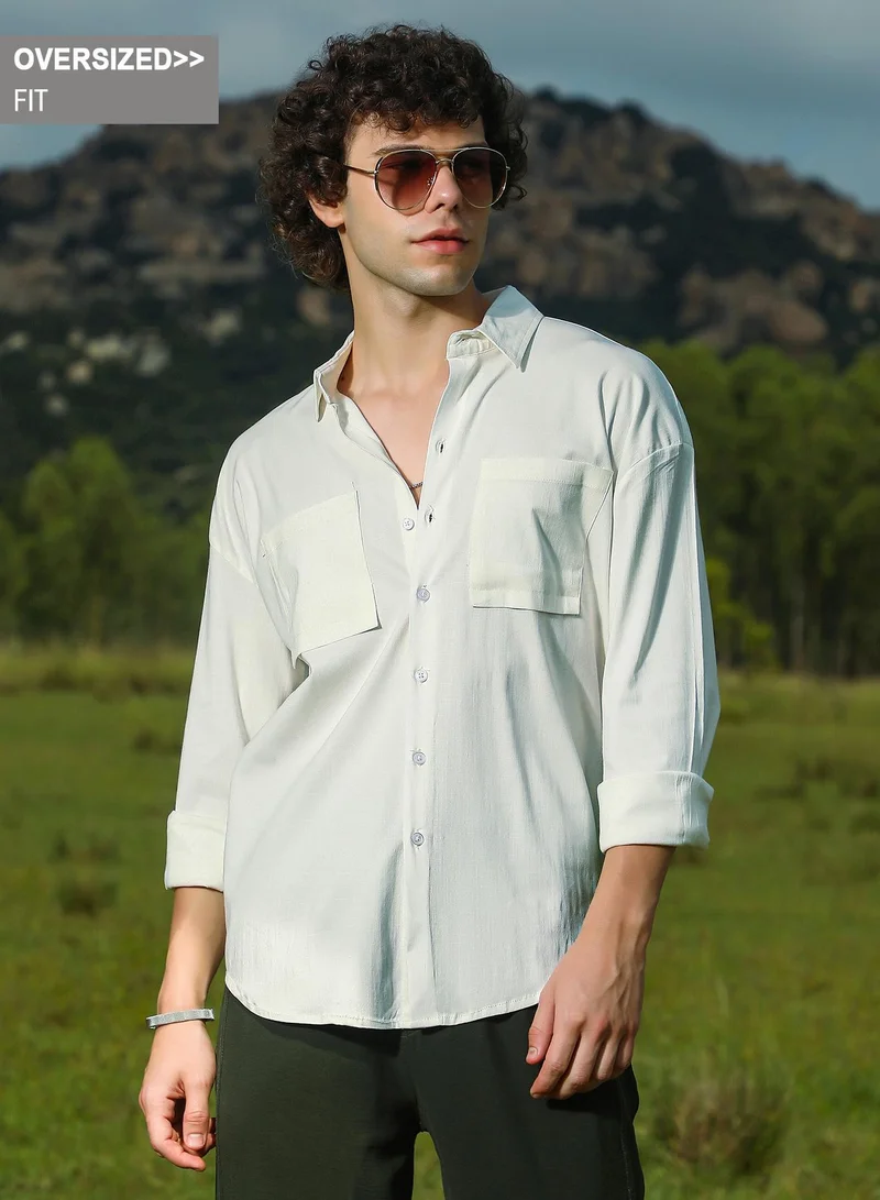 كامبوس سوترا قميص رجالي أبيض عاجي سادة بتصميم واسع للملابس الكاجوال