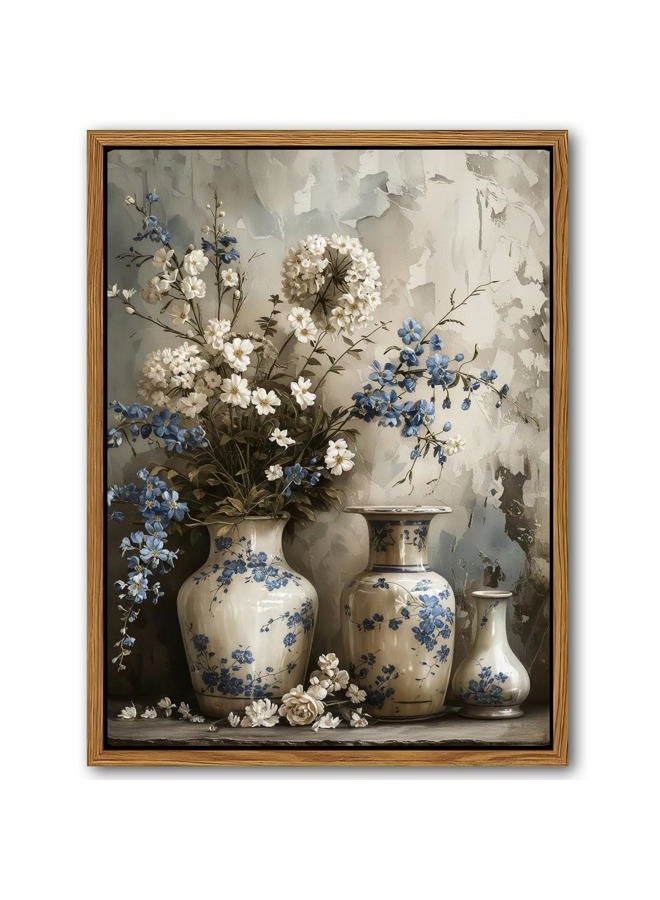 AKWISH Floating Framed Farmhouse Floral Canvas Wall Art, Vintage Blue and White Flower Pictures Wall Decor, Elegant Art Jar Posters Print for Living Room Bedroom Bathroom Rustic Decor 16x24 inch - Image 1