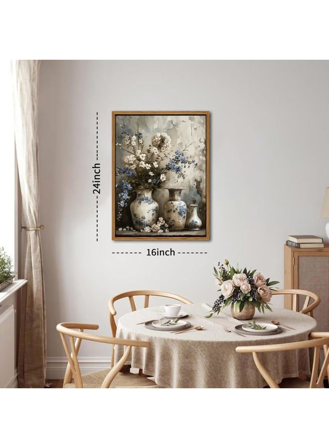 AKWISH Floating Framed Farmhouse Floral Canvas Wall Art, Vintage Blue and White Flower Pictures Wall Decor, Elegant Art Jar Posters Print for Living Room Bedroom Bathroom Rustic Decor 16x24 inch - Image 3