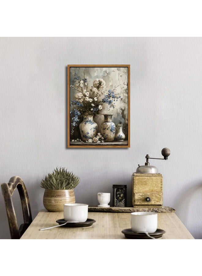 AKWISH Floating Framed Farmhouse Floral Canvas Wall Art, Vintage Blue and White Flower Pictures Wall Decor, Elegant Art Jar Posters Print for Living Room Bedroom Bathroom Rustic Decor 16x24 inch - Image 4