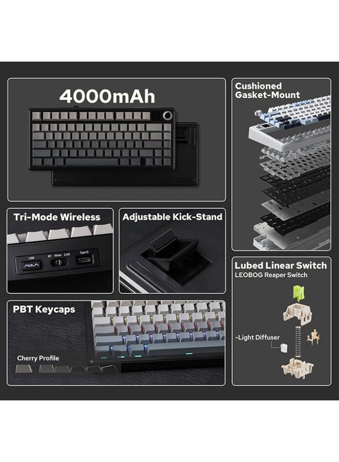 EPOMAKER X AULA F75 MAX Tri-Mode Wireless Gaming Keyboard, TFT Screen, Knob, Hot Swappable, 2.4GHz/Type-C/BT5.0, Gasket Creamy, for PC/Mac/Office/Gaming (Black Gradient) - Image 5