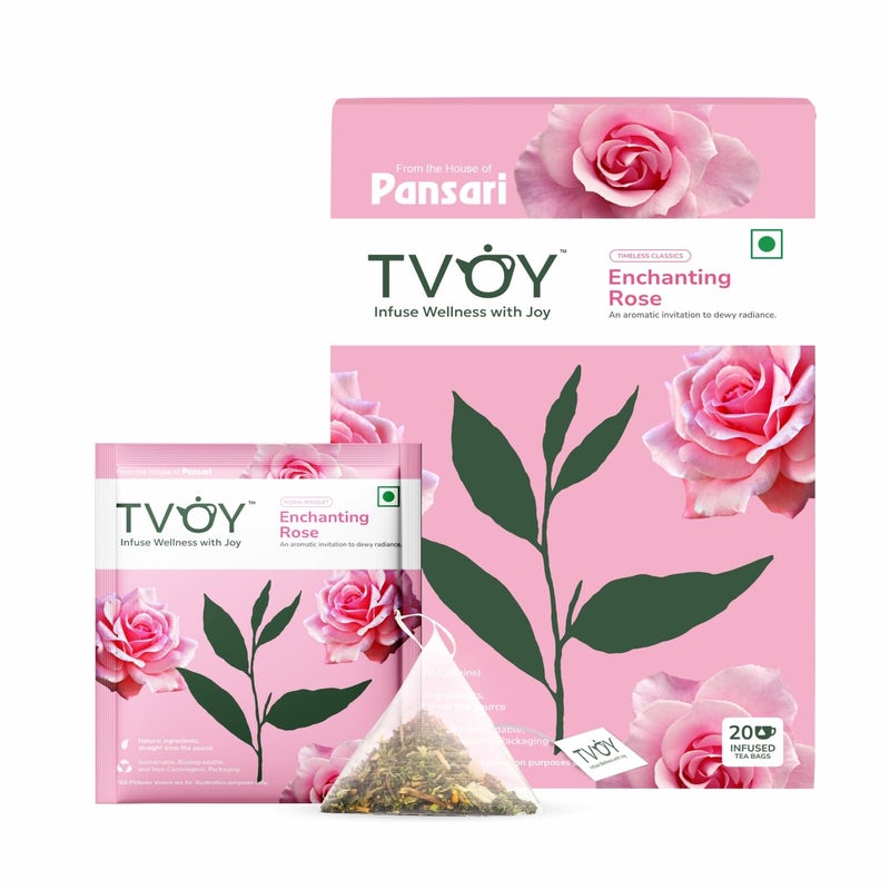 TVOY أكياس شاي أخضر روز إنشانتينغ من TVOY | أكياس شاي هرمية قابلة للتحلل الحيوي معززة بمضادات الأكسدة الطبيعية | نكهة الورد اللذيذة | 36 جرام (20 كيس شاي أخضر-ورد x 1.8 جرام لكل منها) - Image 1