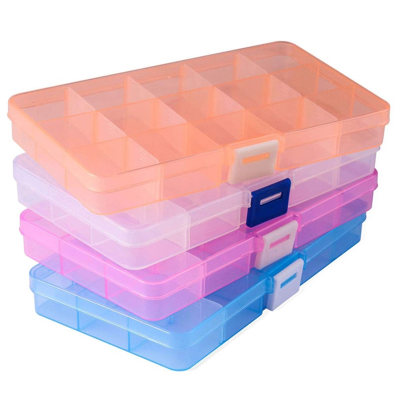 Opret 15 Girds Bead Organizer(4 Pack), Earring Organizer Box, SMALL Plastic Containers with Adjustable Dividers for Crafts Jewelry Screws Fishing Tackles Small Items, Size 6.9Ã—3.9Ã—0.9in - Image 1