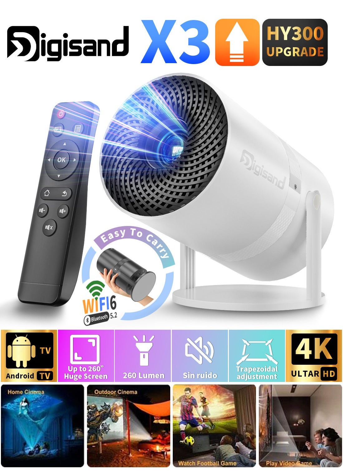 Digisand X3 Mini Portable Projector 5G Wifi 6 BT 5.2 Android 11 Projector 4K 1080P Full HD Support 13000 Lumens Horizontal Keystone Correction Auto Led Projector 180°Rotating Projector 