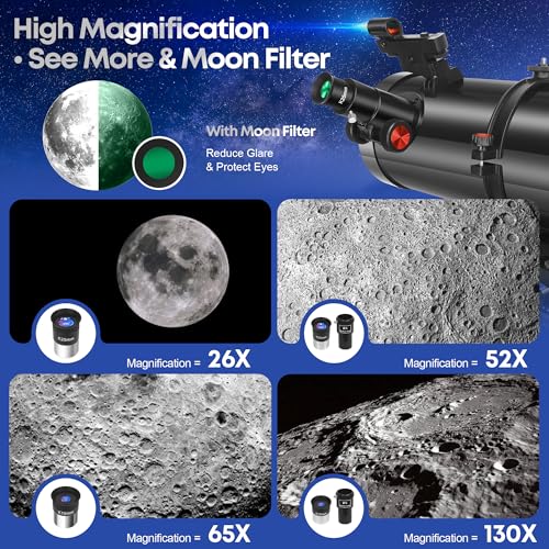 MEEZAA تلسكوب مياز، تلسكوب نيوتوني عاكس 150EQ للمبتدئين في علم الفلك، تلسكوبات فلكية احترافية مع قاعدة استوائية، محول هاتف، حامل ثلاثي، فلتر قمر وحقيبة حمل كبيرة - Image 3