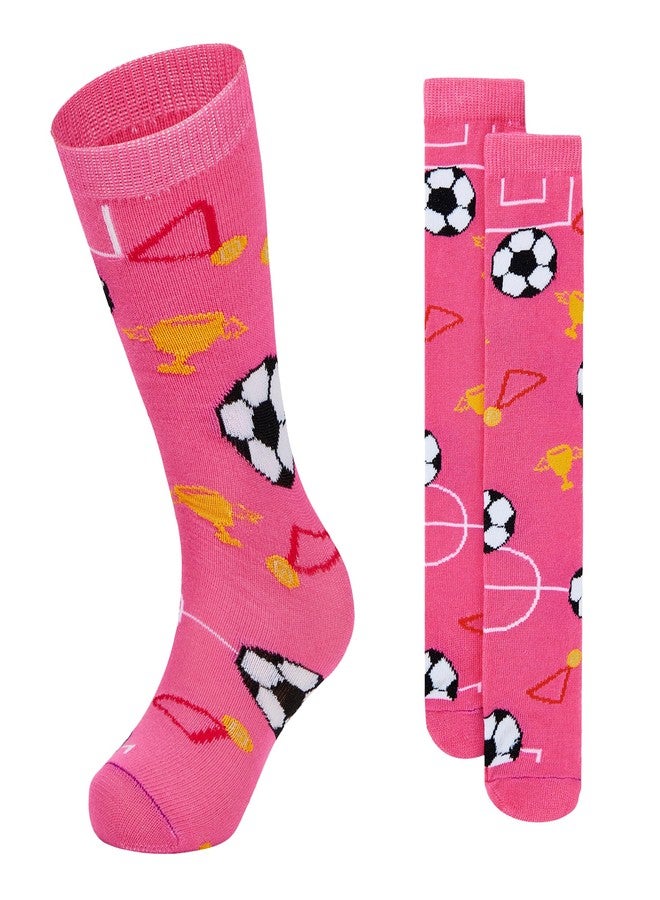 زاندو جوارب زاندو لكرة القدم للأطفال - جوارب رياضية لطيفة ومريحة تصل إلى الركبة للبنات - جوارب رياضية خارجية - بنقشة كرة قدم باللون الوردي الفاتح - من 6 إلى 9 سنوات - Image 1
