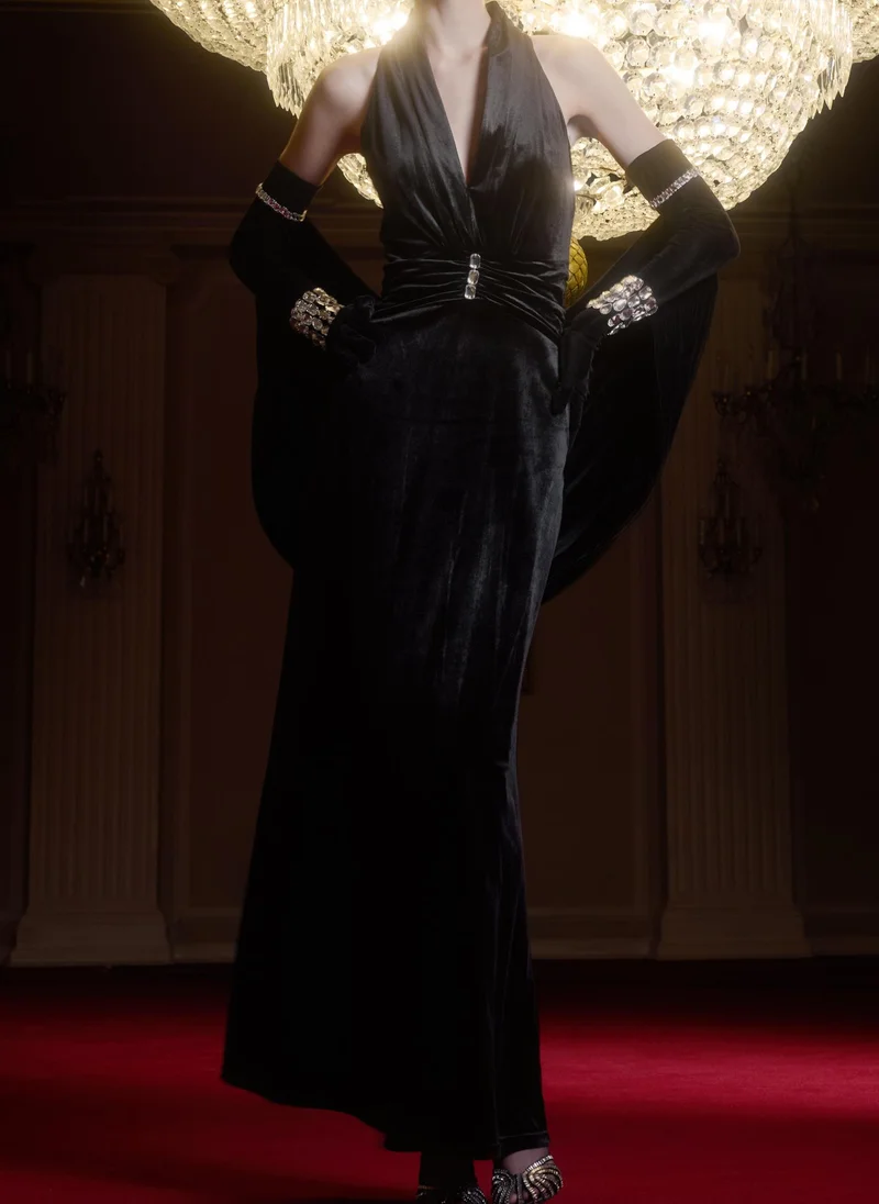 Velvet maxi dress with large crystal decor